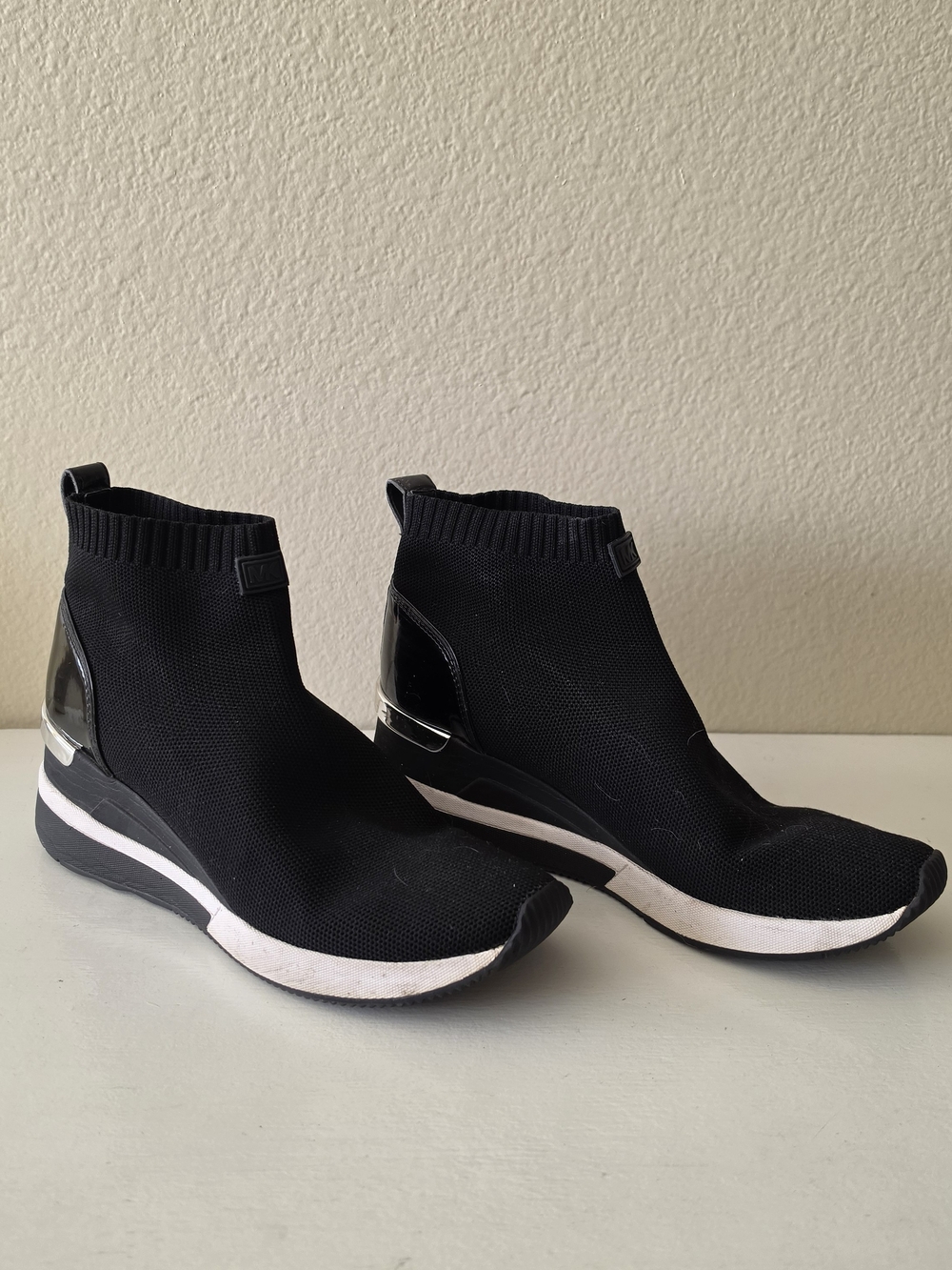 Michael Kors Black Knit Wedge Sneakers with White Midsole